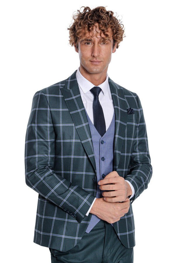 Checked Patterned Slim Fit Green Men Suit