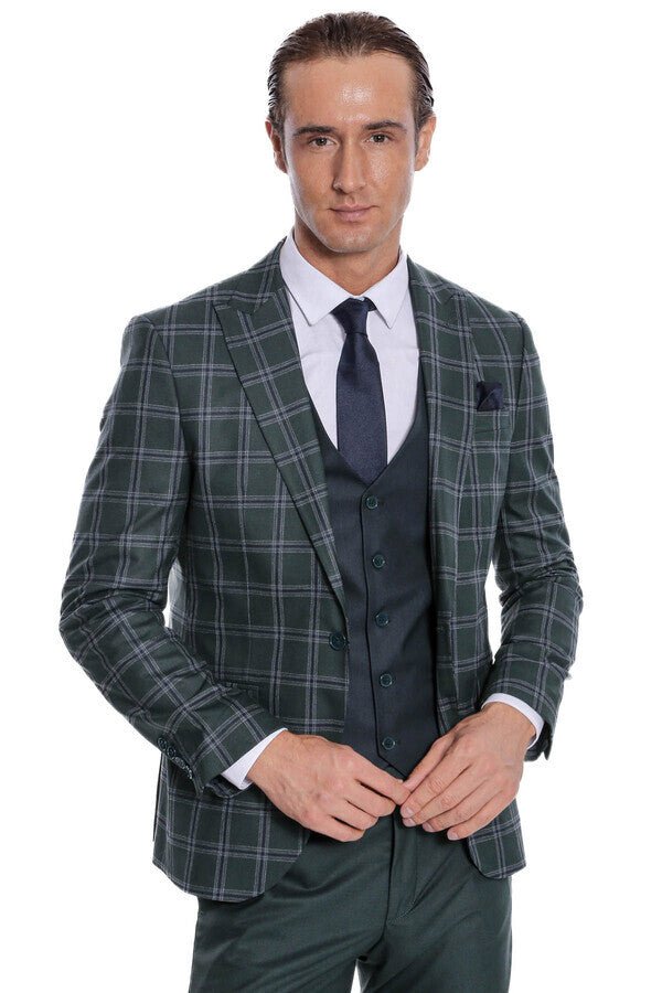 Checked Patterned Slim Fit Green Men Suit