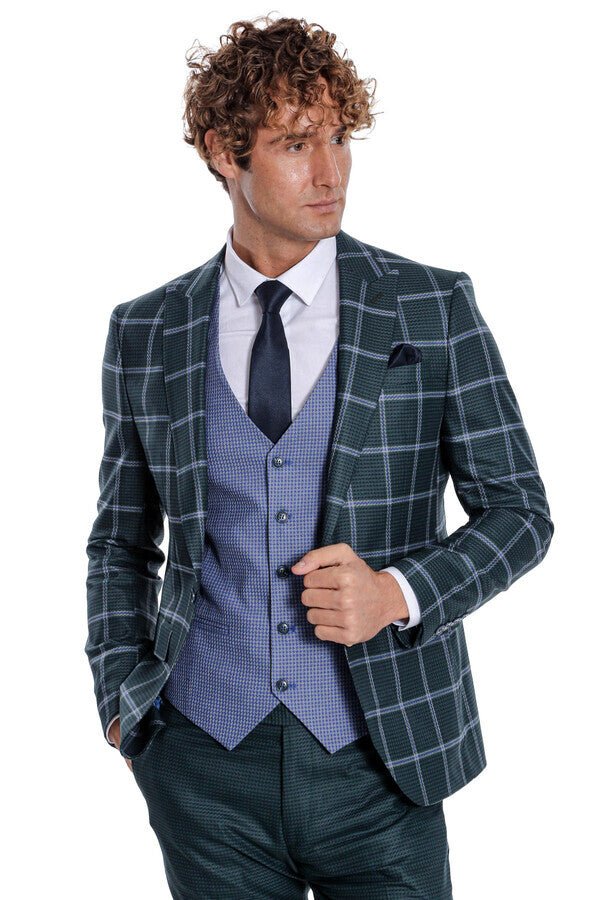 Checked Patterned Slim Fit Green Men Suit