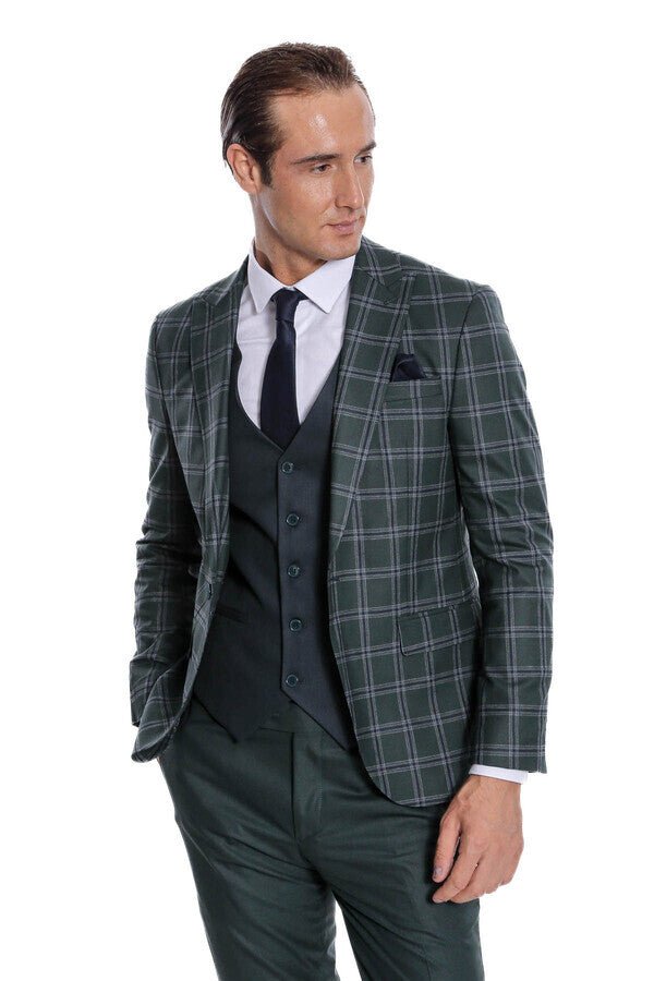 Checked Patterned Slim Fit Green Men Suit
