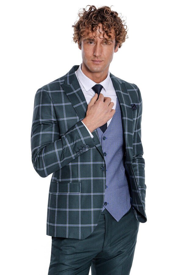 Checked Patterned Slim Fit Green Men Suit