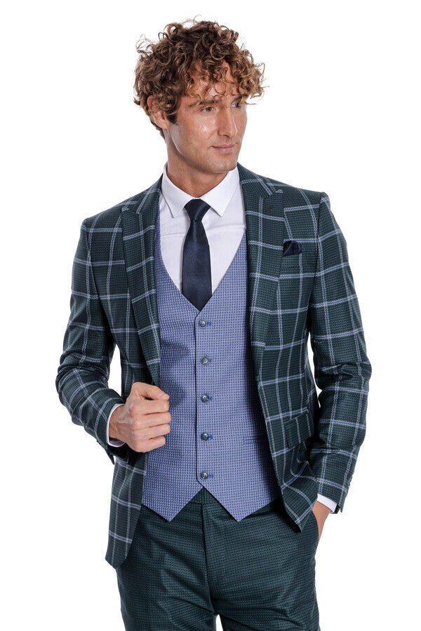 Checked Patterned Slim Fit Green Men Suit