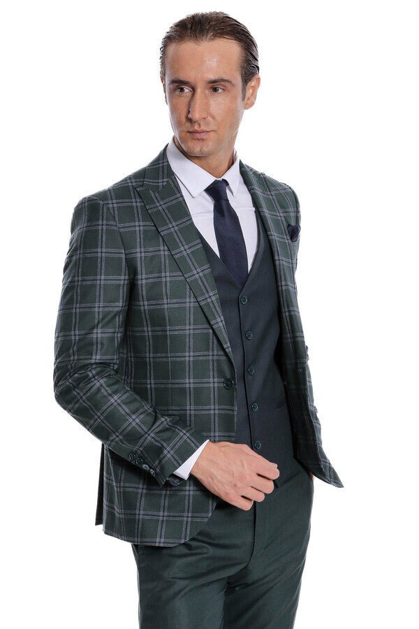 Checked Patterned Slim Fit Green Men Suit