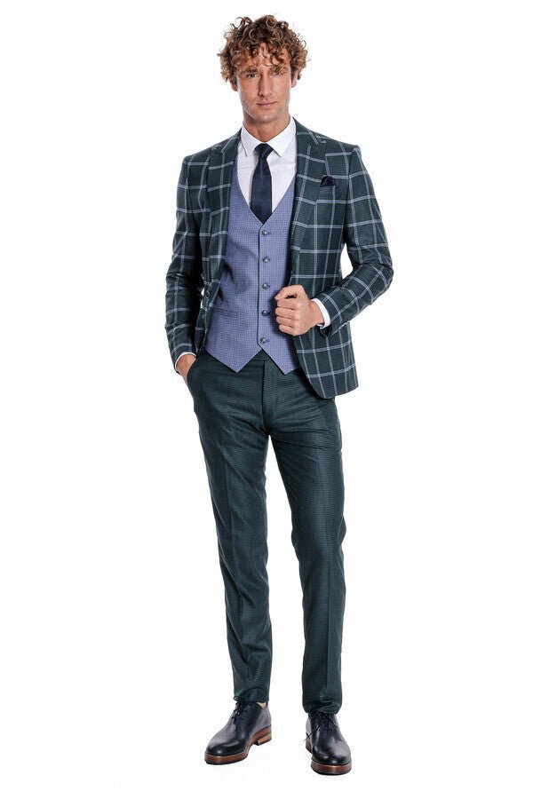 Checked Patterned Slim Fit Green Men Suit