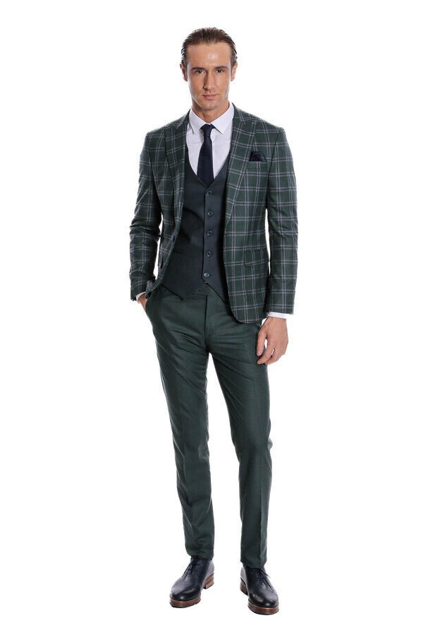 Checked Patterned Slim Fit Green Men Suit