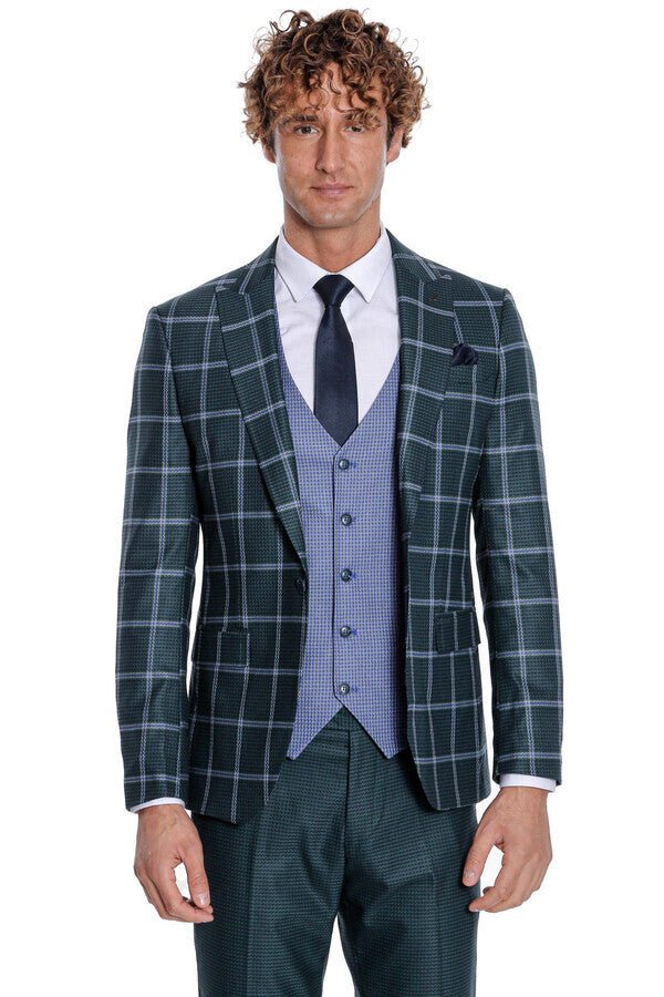 Checked Patterned Slim Fit Green Men Suit