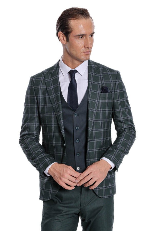Checked Patterned Slim Fit Green Men Suit