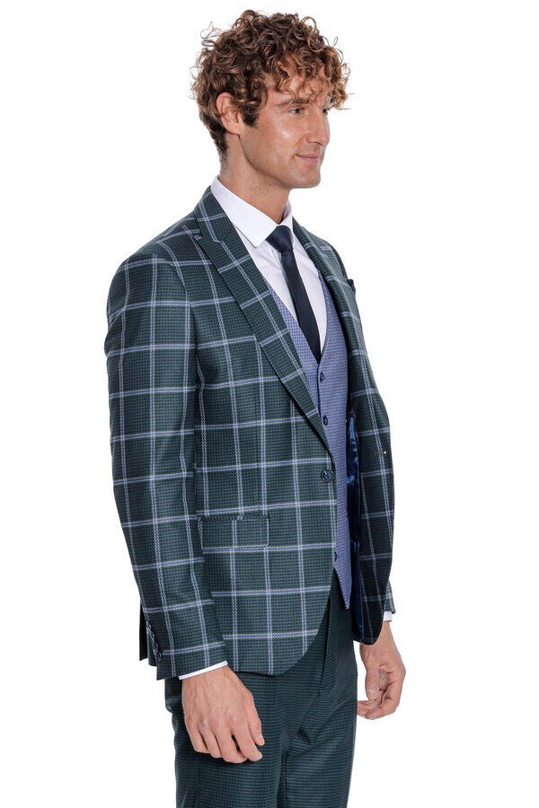 Checked Patterned Slim Fit Green Men Suit