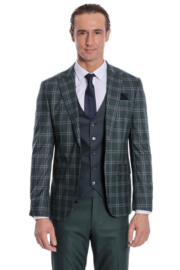Checked Patterned Slim Fit Green Men Suit