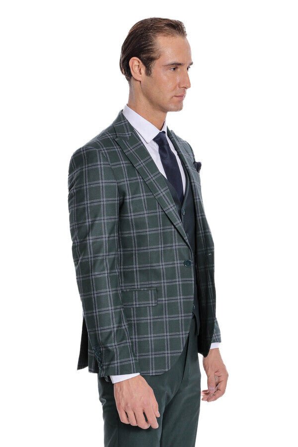 Checked Patterned Slim Fit Green Men Suit