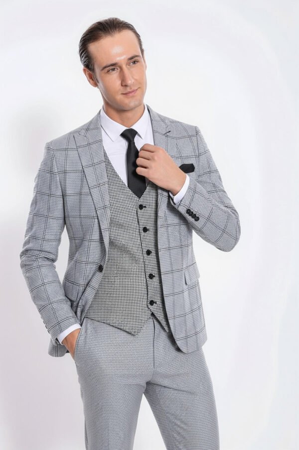 Checked Patterned Slim Fit Grey Men Suit
