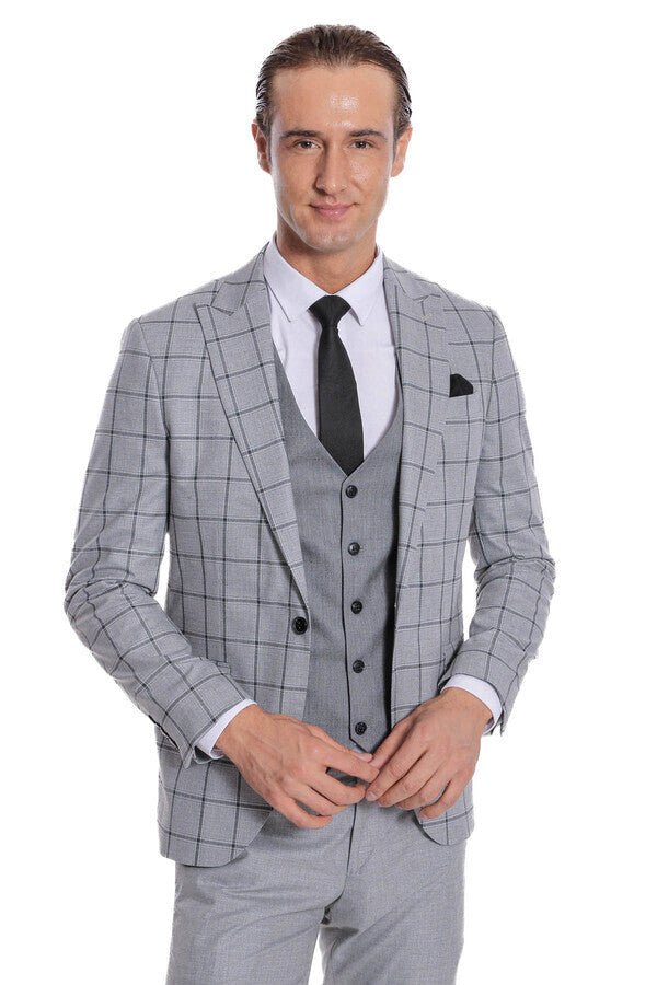 Checked Patterned Slim Fit Grey Men Suit
