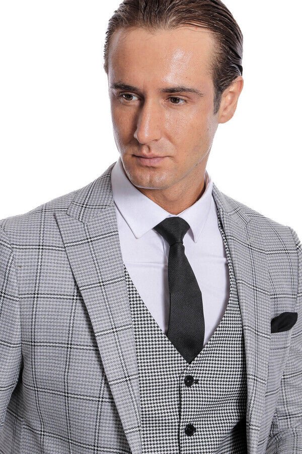 Checked Patterned Slim Fit Grey Men Suit
