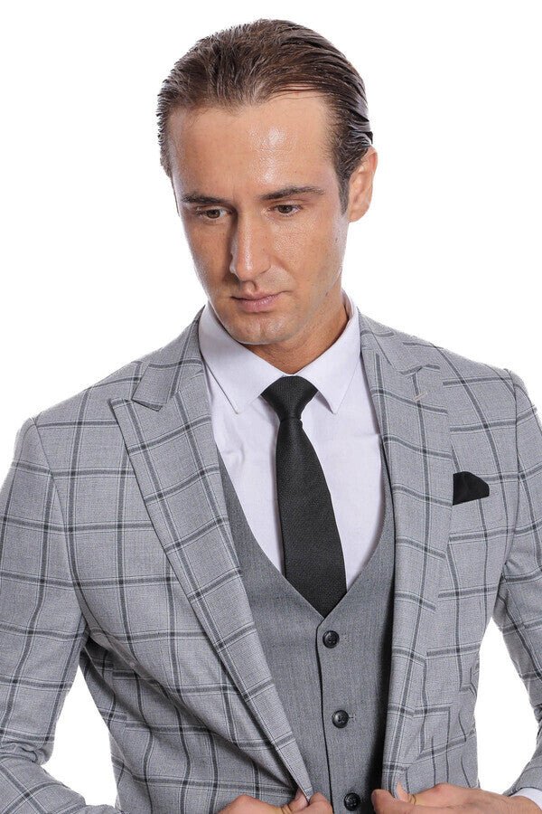 Checked Patterned Slim Fit Grey Men Suit