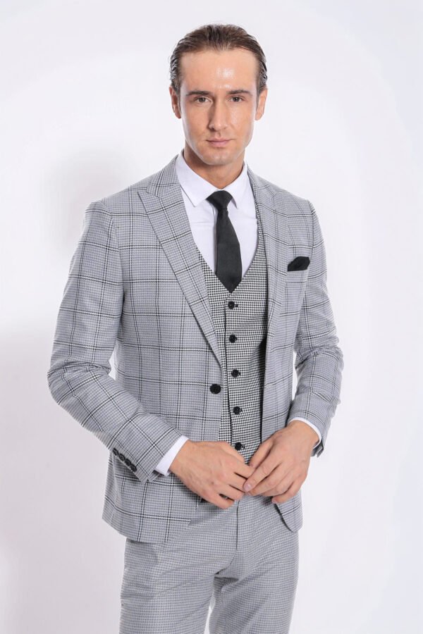 Checked Patterned Slim Fit Grey Men Suit