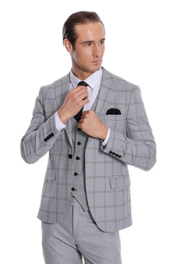 Checked Patterned Slim Fit Grey Men Suit