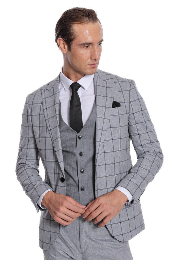Checked Patterned Slim Fit Grey Men Suit