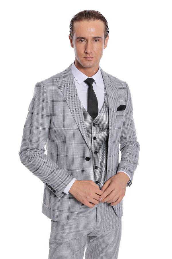 Checked Patterned Slim Fit Grey Men Suit