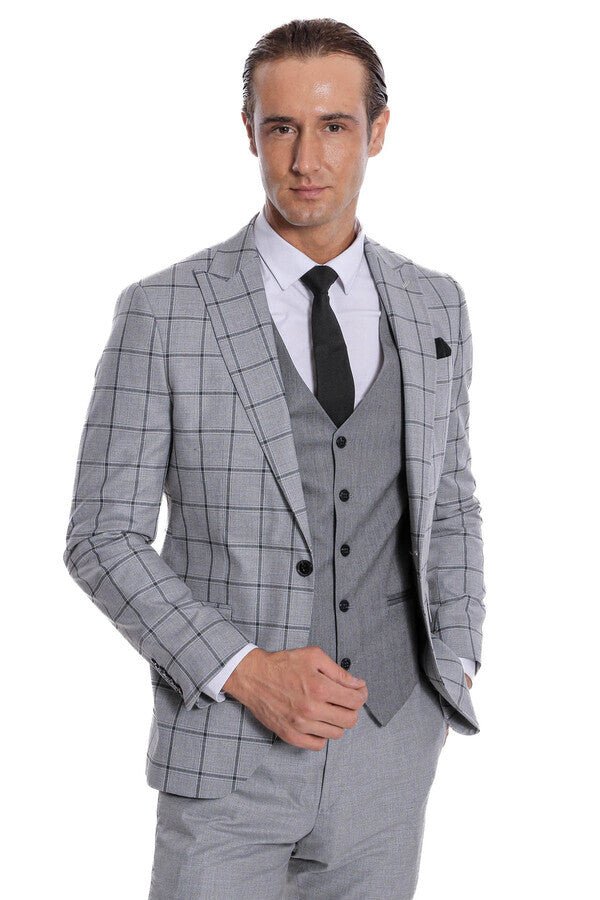 Checked Patterned Slim Fit Grey Men Suit