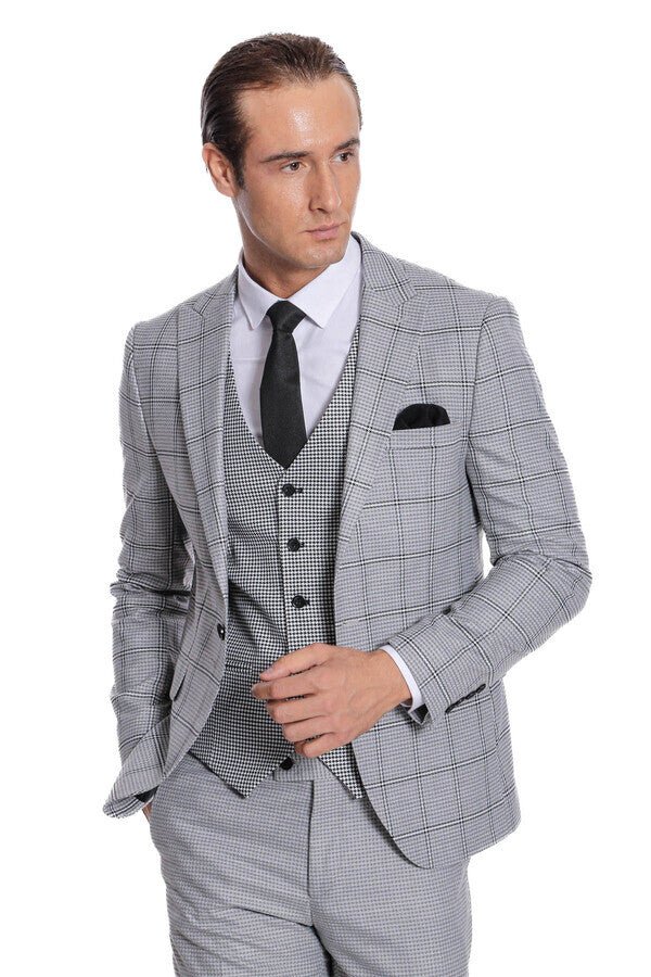 Checked Patterned Slim Fit Grey Men Suit