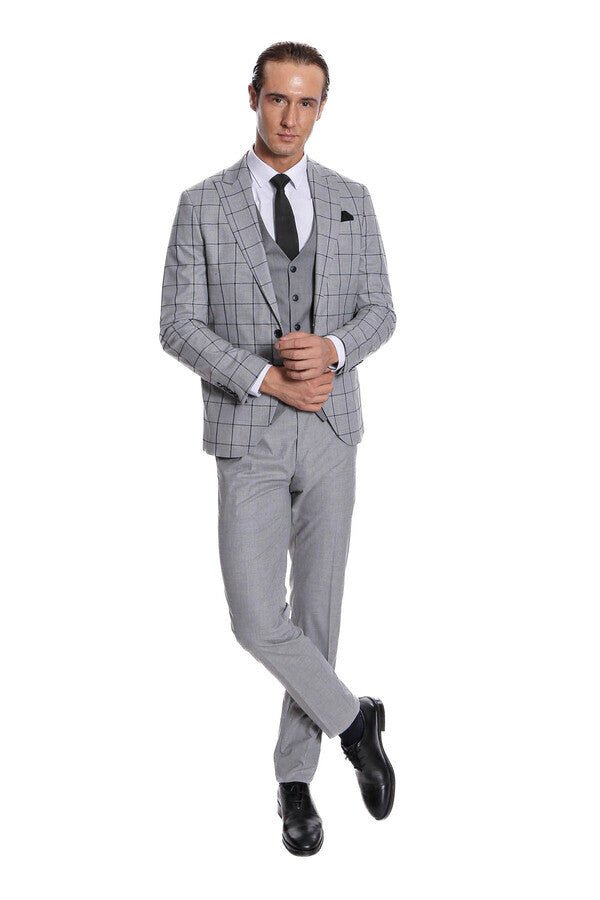 Checked Patterned Slim Fit Grey Men Suit
