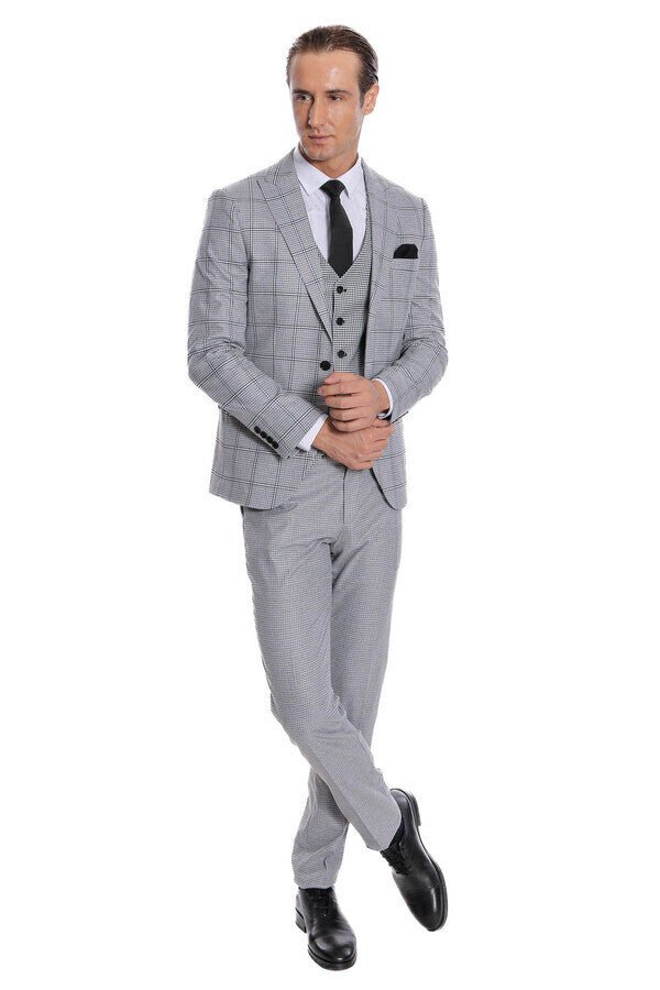Checked Patterned Slim Fit Grey Men Suit
