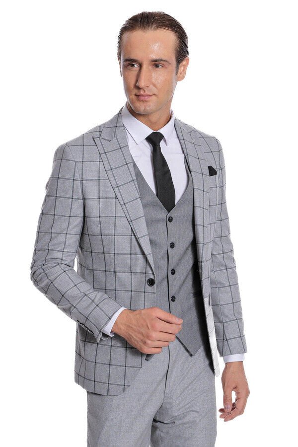 Checked Patterned Slim Fit Grey Men Suit