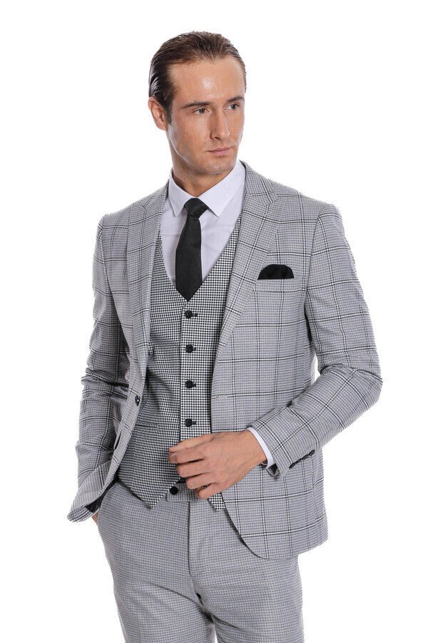 Checked Patterned Slim Fit Grey Men Suit