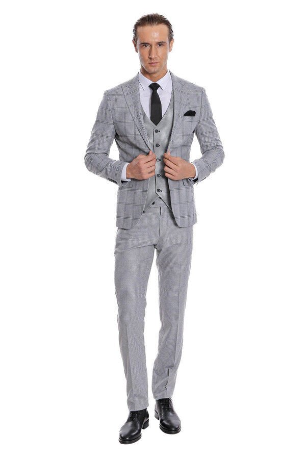 Checked Patterned Slim Fit Grey Men Suit