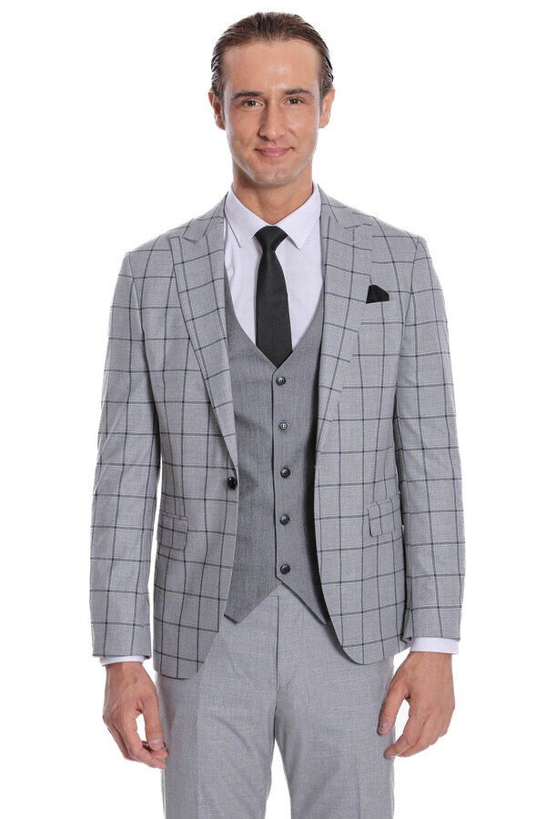 Checked Patterned Slim Fit Grey Men Suit