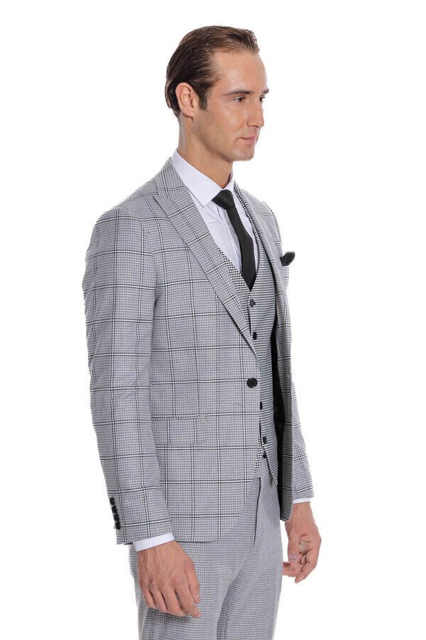 Checked Patterned Slim Fit Grey Men Suit
