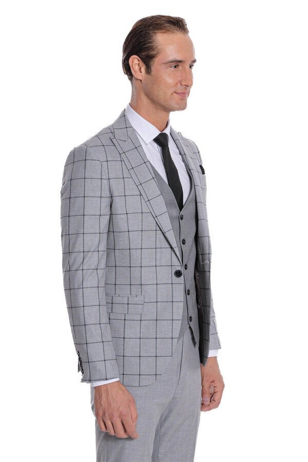 Checked Patterned Slim Fit Grey Men Suit