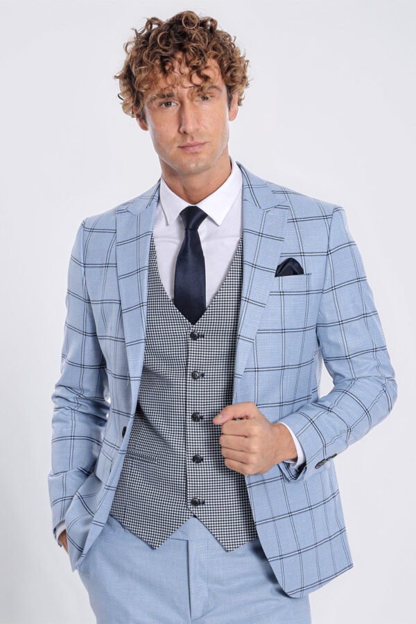 Checked Patterned Slim Fit Light Blue Men Suit