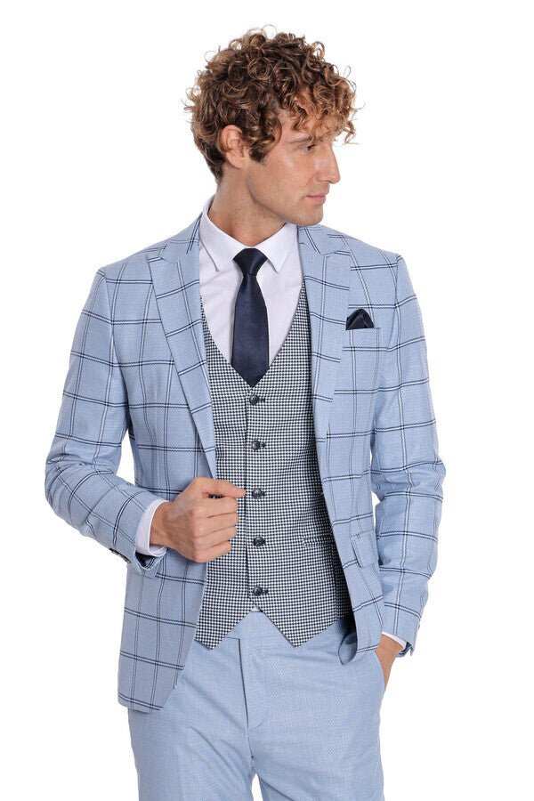 Checked Patterned Slim Fit Light Blue Men Suit