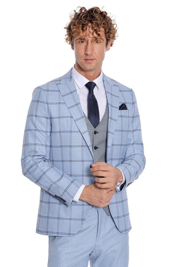 Checked Patterned Slim Fit Light Blue Men Suit