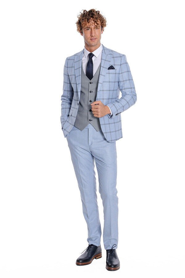 Checked Patterned Slim Fit Light Blue Men Suit