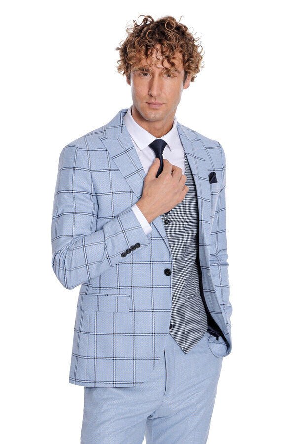 Checked Patterned Slim Fit Light Blue Men Suit