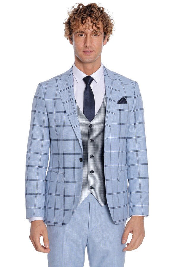 Checked Patterned Slim Fit Light Blue Men Suit