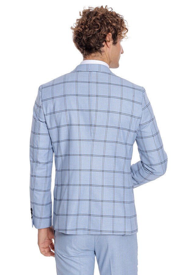 Checked Patterned Slim Fit Light Blue Men Suit