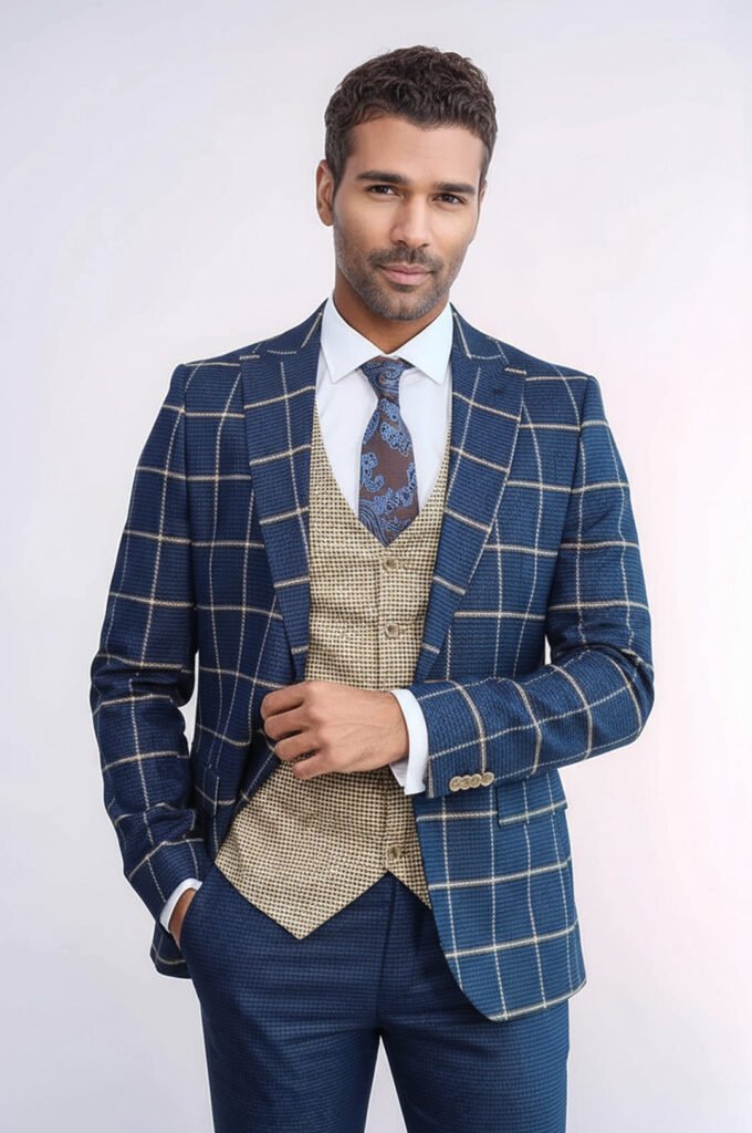 Checked Patterned Slim Fit Navy Blue Men Suit