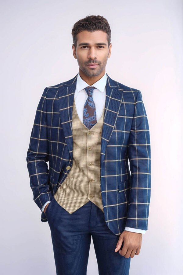 Checked Patterned Slim Fit Navy Blue Men Suit