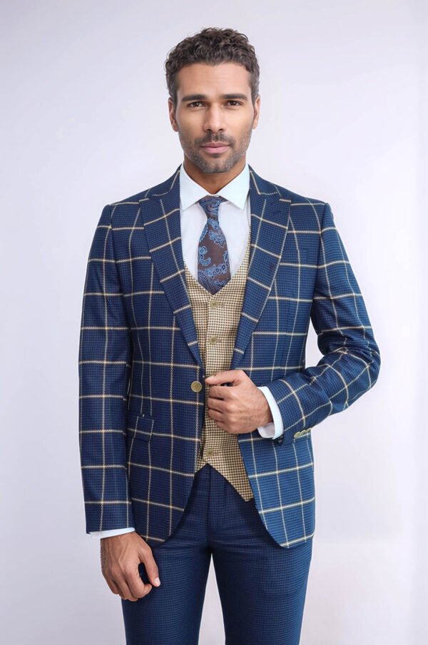 Checked Patterned Slim Fit Navy Blue Men Suit