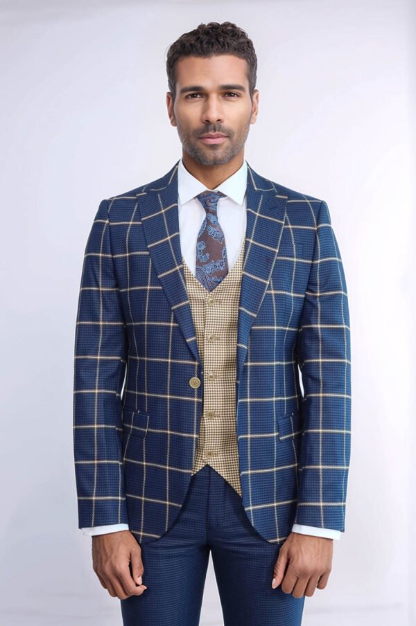 Checked Patterned Slim Fit Navy Blue Men Suit