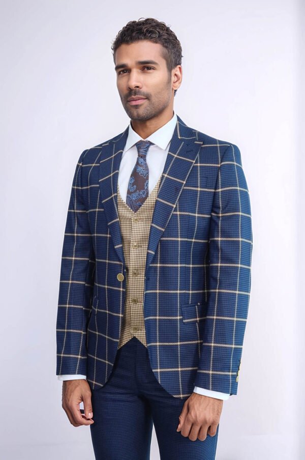 Checked Patterned Slim Fit Navy Blue Men Suit