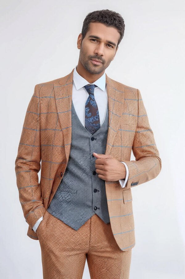 Checked Patterned Slim Fit Orange Men Suit