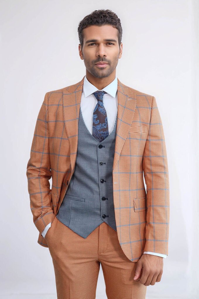 Checked Patterned Slim Fit Orange Men Suit