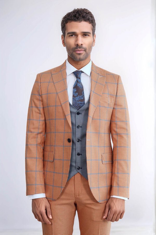 Checked Patterned Slim Fit Orange Men Suit