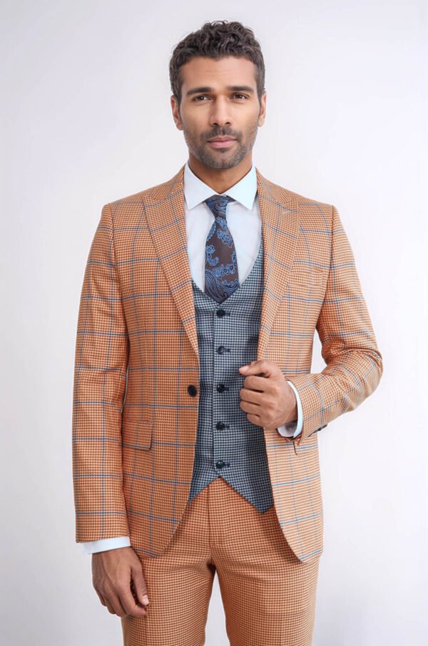 Checked Patterned Slim Fit Orange Men Suit