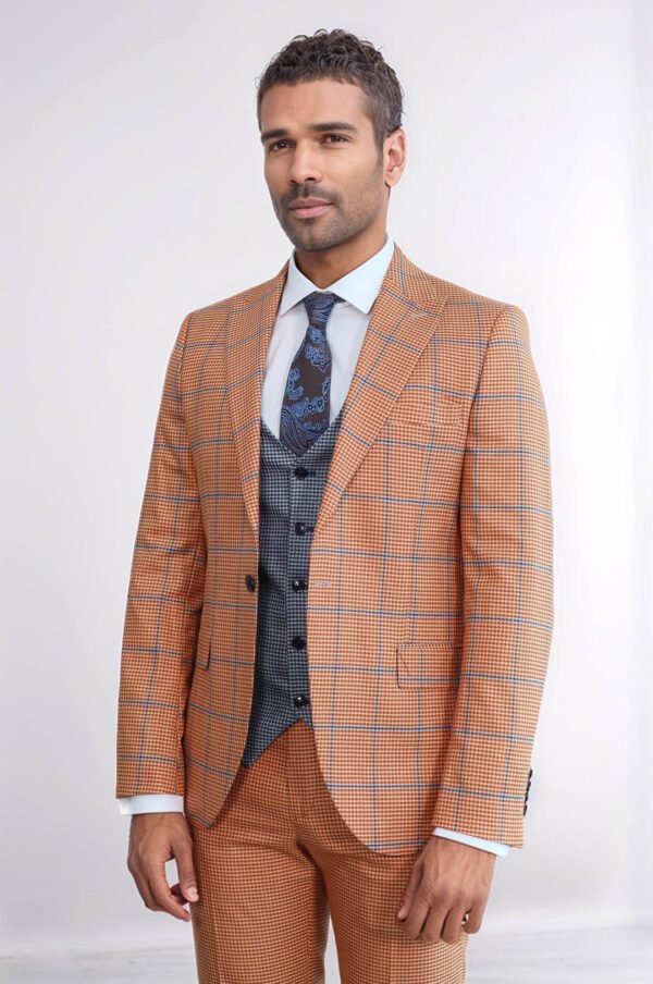 Checked Patterned Slim Fit Orange Men Suit