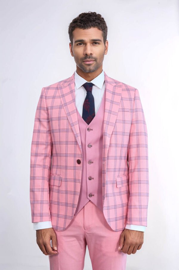 Checked Patterned Slim Fit Pink Men Suit